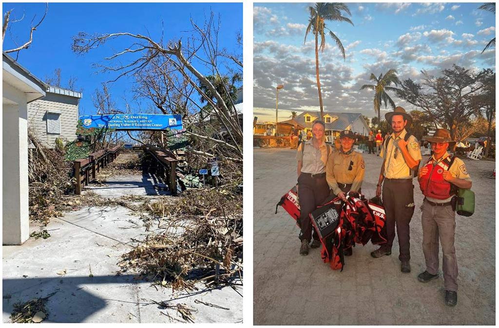 On the left, lots of debris on the ground. On the right, 4 people stand holding life jackets.