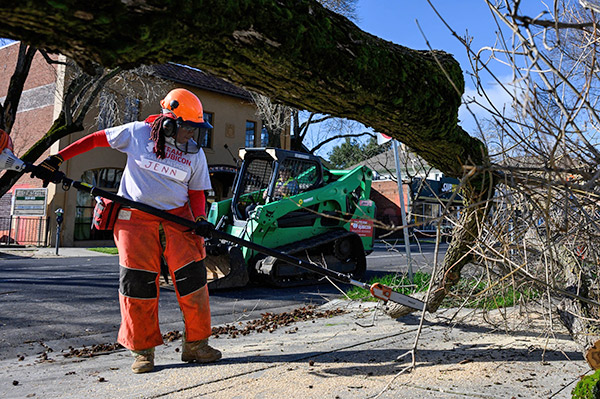 Woman standing using large tool to cut fallen trees.