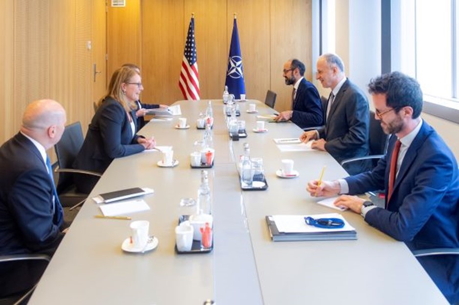 FEMA Administrator Deanne Criswell (center left) speaks with North Atlantic Treaty Organization Deputy Secretary General Mircea Geoana (across from Criswell) on the evolving nature of resilience with European crisis management counterparts.