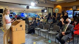 FEMA Administrator Deanne Criswell speaks at the National Hurricane Center to promote hurricane readiness. The Administrator stressed the importance of taking preparedness measures early. 