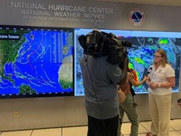 FEMA Administrator Deanne Criswell conducts media interviews at the National Hurricane Center to promote hurricane readiness. The Administrator stressed the importance of taking preparedness measures early. 