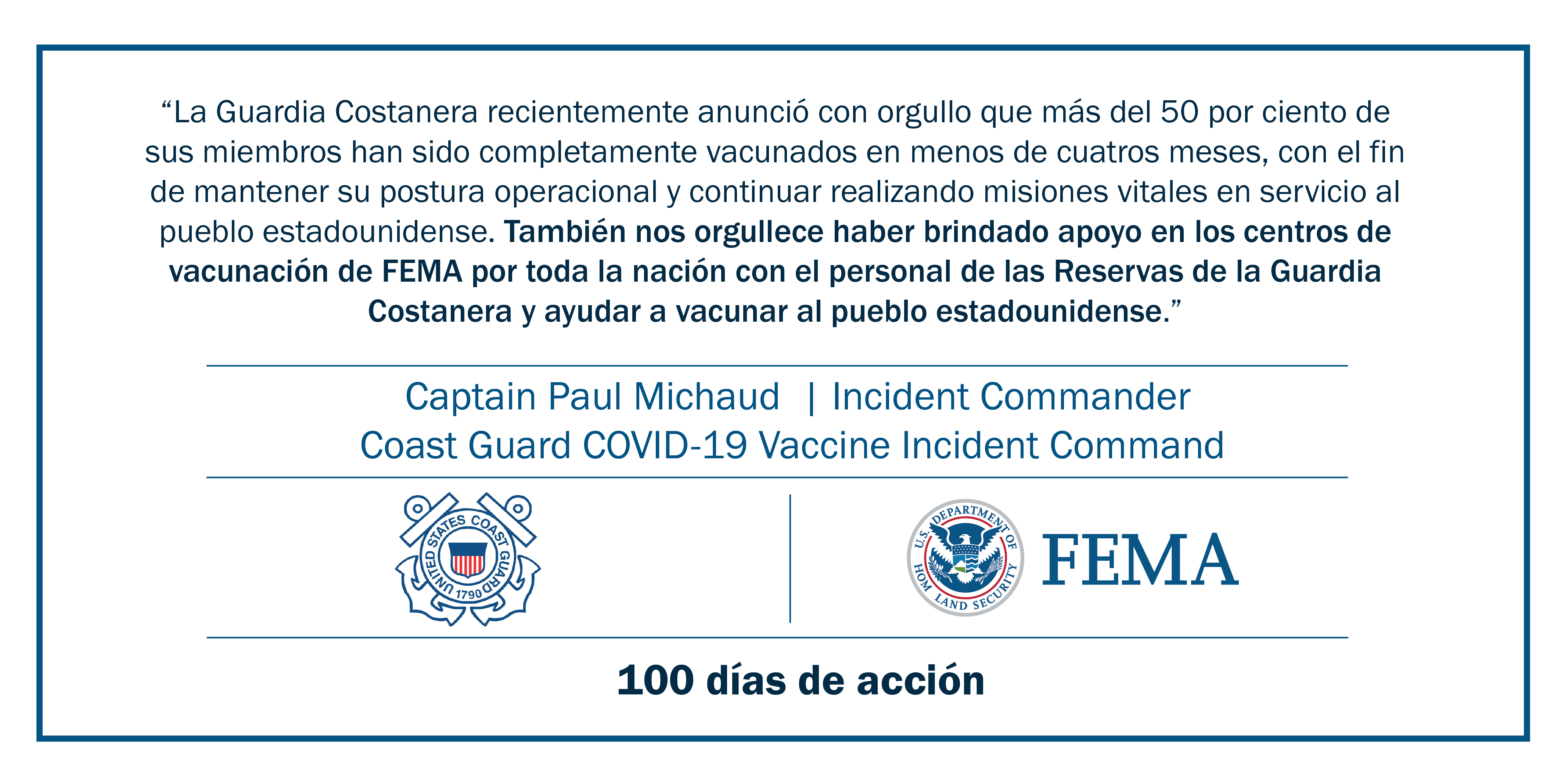 La Guardia Costanera recienremente auncio con orgullo que mas del 50 por ciento de sus meimbros han sido completamente vacunados en menos de cuatros meses, con el fin de mantener su psortura opercional y continuar realizando misiones vitales en servico al pueblo estadounidense.