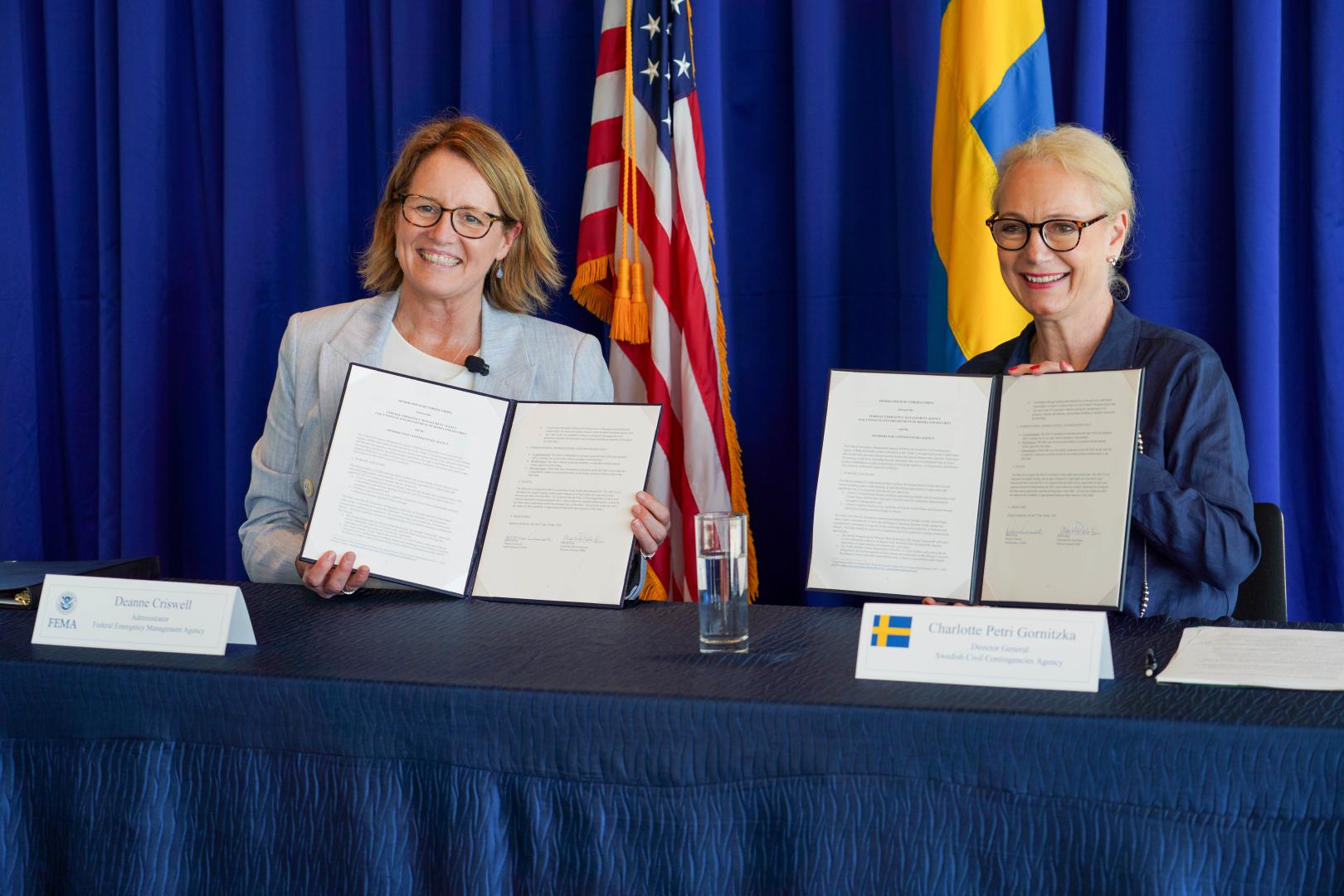 FEMA Administrator Deanne Criswell and Director General of the Swedish Civil Contingencies Agency Charlotte Petri Gornitzka sign a Memorandum of Understanding at The Swedish embassy in Washington, D.C. 