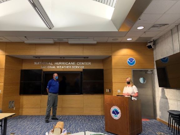 Administrator Deanne Criswell (right) makes a quick stop by a virtual all-hands town hall at the National Hurricane Center.