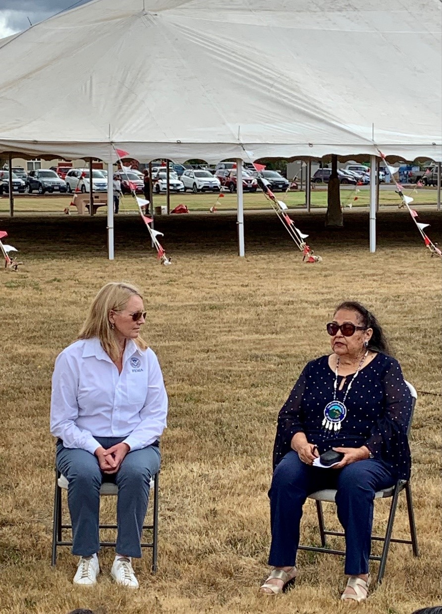 FEMA Administrator Criswell (left) sits with Tribal Council Chairwoman Cheryle A. Kennedy at the Confederated Tribes of Grand Ronde.