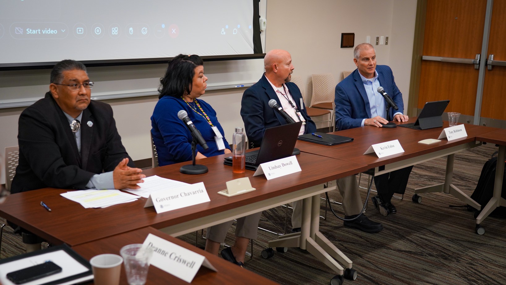 The National Advisory Council panel discussions addressed emergency management issues when working directly with Tribal Nations. Here, FEMA Region 6 Administrator Tony Robinson (far right) sits with Santa Clara Pueblo Gov. J. Michael Chavarria (far left); Choctaw Nation of Oklahoma Staff Attorney Lindsay Dowell (2nd from left); and Pittsburg County Emergency Management Director Kevin Enloe. 