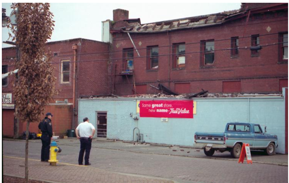 Damage at the back of the TrueValue building in downtown Centralia following the Nisqually Earthquake in 2001.