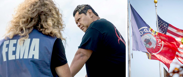 Photo one: Woman in a FEMA vest next to a Native American man. Photo two: United States and tribal flags.