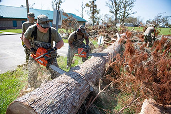 Soldiers from the 836th Sapper Company of the 176th Engineer Brigade (Texas Army National Guard) prepare vegetative debris for removal during their debris clearing operations at a local middle school. 