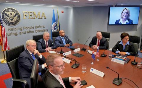 Image with caption: WASHINGTON, DC -- Prime Minister Anthony Albanese of Australia visited the Federal Emergency Management Agency (FEMA) Headquarters.  FEMA Administrator Deanne Criswell gave virtual opening remarks expressing appreciation for the strong, mutually beneficial partnership.