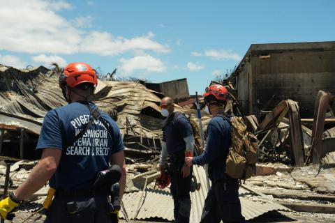 Image with caption: Maui, Hawaii -- El equipo de Búsqueda y Rescate Urbano de FEMA, Washington State Task Force 1, participa en los esfuerzos federales de respuesta.