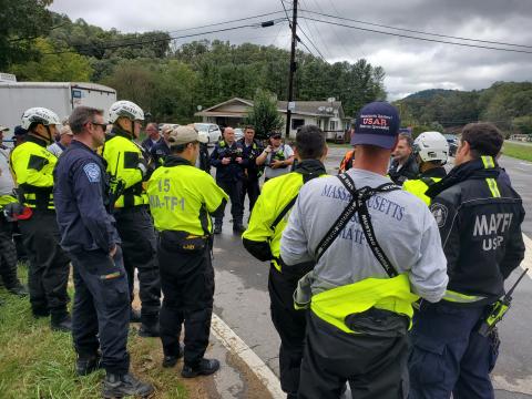 Caption: <p>Haywood County, NC-- Massachusetts Task Force 1 is working alongside federal, state, and local agencies to conduct urban search and rescue operations near Haywood County, NC. On September 27, members of MA-TF1 made successful rescues of two people and multiple pets during search and rescue operations in active flood areas. (Photo Credit: Scott McGuire, MA-TF1)</p>