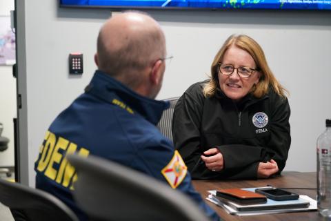 Caption: Tallahassee, Fla. (Oct. 10, 2024) - FEMA Administrator is leading the federal response to Hurricane Milton at the Florida Division of Emergency Management Emergency Operations Center.