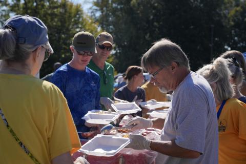 Caption: Marion, N.C. - (Oct. 3, 2024) - Volunteers and Marion residents prepare lunches at Baptists on Mission's NC Disaster Response Ministry at Grace Community Church on Thursday, October 3, 2024, in Marion, McDowell County, North Carolina. The nonprofit organization is providing free meals, water and laundry services to survivors of Tropical Storm Helene.