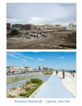 A before and after pair of images shows an image on top of concrete piers that used to support a wooden boardwalk. in the distance are piles of concrete rubble and lower rise apartment buildings. An image on the bottom shows a rebuilt concrete boardwalk with people riding bicycles in the same location. 