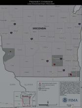 Map of Wisconsin showing approximate property location, county with site locations, county, state boundary interstate.