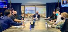 FEMA senior officials meet with Louisiana Governor's Office to review the latest updates and discuss how FEMA can support Louisiana. From left: FEMA Recovery Director Keith Turi, FEMA Federal Coordinating Officer John Long, State Coordinating Officer Jim Waskom, Gov. John Bel Edwards, FEMA Administrator Pete Gaynor, FEMA Region 6 Administrator Tony Robinson and U.S. Army Corps of Engineers Major General Diana Holland.
