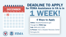Deadline to Apply for FEMA Assistance in VA is in 1 Week (Dec. 2) - 4 Ways to Apply: Online: Disasterassistance.gov or through the FEMA app; Call: (800) 621-3362; In person: Visit a Disaster Recovery Center fema.gov/drc