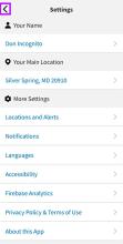 “Settings” screen. Back arrow at top left highlighted
