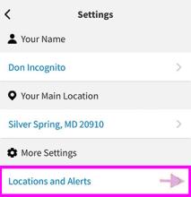 Settings screen. “Locations and Alerts” is highlighted.