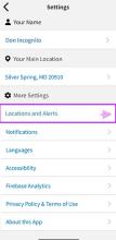 Settings screen. “Locations and Alerts” field arrow highlighted.
