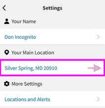 Settings screen. “Locations and Alerts” field arrow highlighted.