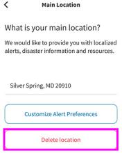 Alert Settings screen. “Delete location” button highlighted.