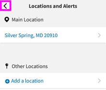 Locations and Alerts screen. Back arrow in top left highlighted.