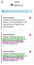 Weather alerts with fields highlighted to show the differences in dates and times between them.
