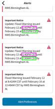 Weather alerts with fields highlighted to show the differences in times between them.