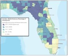 Map depicting the mobile home population in Florida by percentage of households