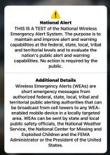 Screenshot from a phone during the National Wireless Emergency Alert System Test.