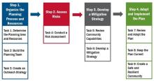 A flow chart showing the steps and parts of the local mitigation planning process.
