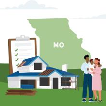A family next to a house being repaired with a clipboard and the state of Missouri in the background