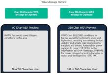 Message Design Dashboard WEA Message Preview. On the left, a 90-character WEA message preview. On the left, a 360-character WEA preview.