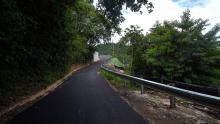 View of recently paved rural road with green vegetation at each side.
