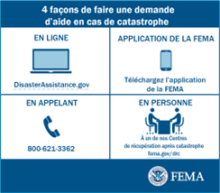 Graphique FEMA intitulé '4 façons de faire une demande d’aide en cas de catastrophe' :  En ligne : DisasterAssistance.gov (icône d’ordinateur). Via l’application FEMA : Télécharger l’application (icône de téléphone). Par téléphone : 800-621-3362 (icône de téléphone). En personne : Visitez un Centre de récupération après catastrophe, fema.gov/drc (icône de personnes). Logo de FEMA en bas.
