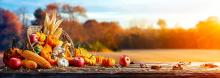 Pumpkins, corn, and apples in a basket on a wood bench. 