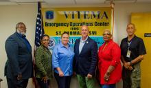 Reuben Molloy, Deputy Commissioner of the Virgin Islands Department of Health (from left), Yvette Henry, Community Affairs Coordinator for the Virgin Islands Department of Human Services, Justa Encarnacion, Commissioner of the V.I. Department of Health, Daryl Jaschen, Director of the Virgin Islands Territorial Emergency Management Agency, Barbara Petersen, Assistant Director of VITEMA and Steve DeBlasio, Deputy Director, Logistics for VITEMA, gather during the 2021 Capstone hurricane season preparedness.