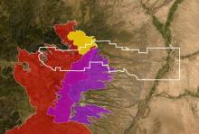 Three major wildfires experienced since 1998 have burned nearly 80% of Santa Clara Pueblo forested lands and 28% of the entire reservation. The white outlines the boundary of the Santa Clara Pueblo Indian Reservation. The red represents the boundary of the Las Conchas Fire in 2011, the purple represents the boundary of the Cerro Grande Fire in 2000, and the yellow represents the Oso Complex Fire in 1998.