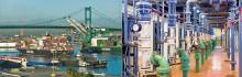 An ocean port with container ships; a pumping station